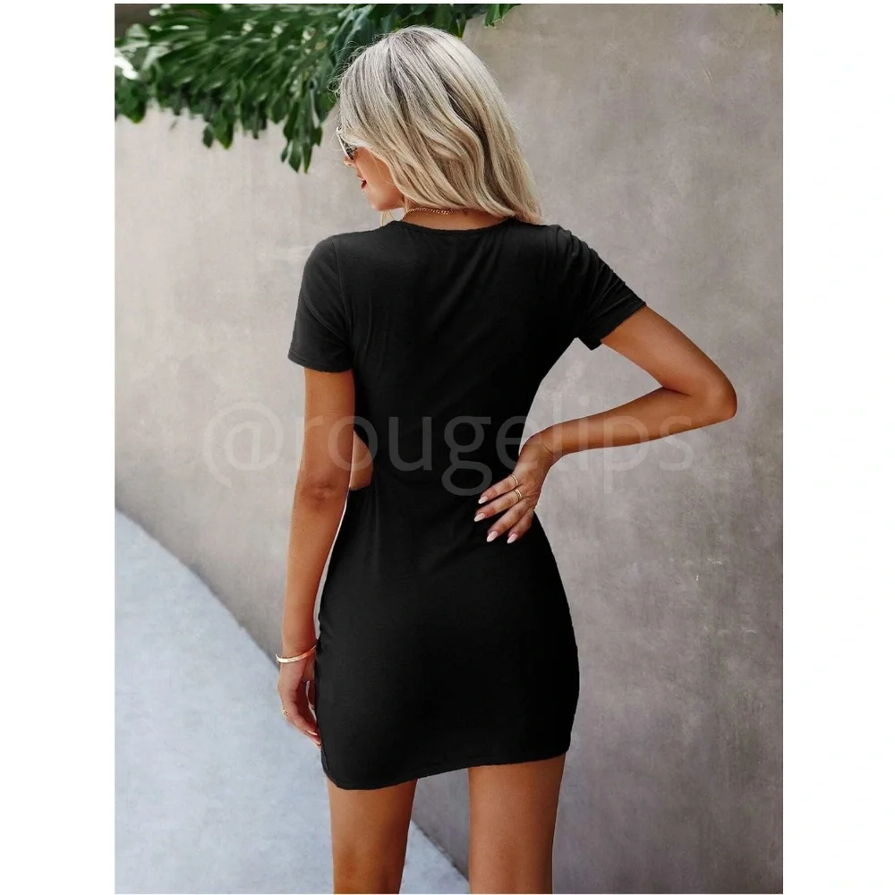 Casual Tee Shirt Dress Cutout Short Sleeve Black Mini - Picture 3 of 5
